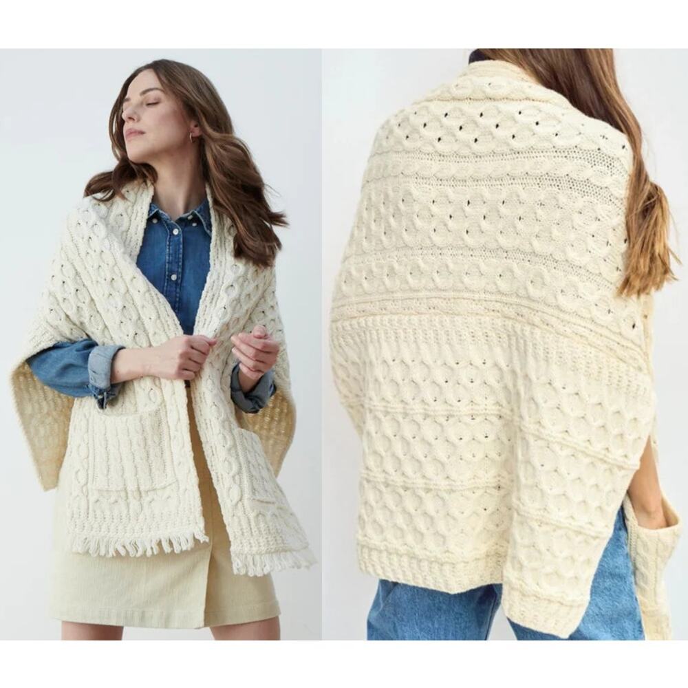 Standún Aran Ireland Cream 100% Merino Wool Cable-Knit Over-Piece/Shawl/Wrap